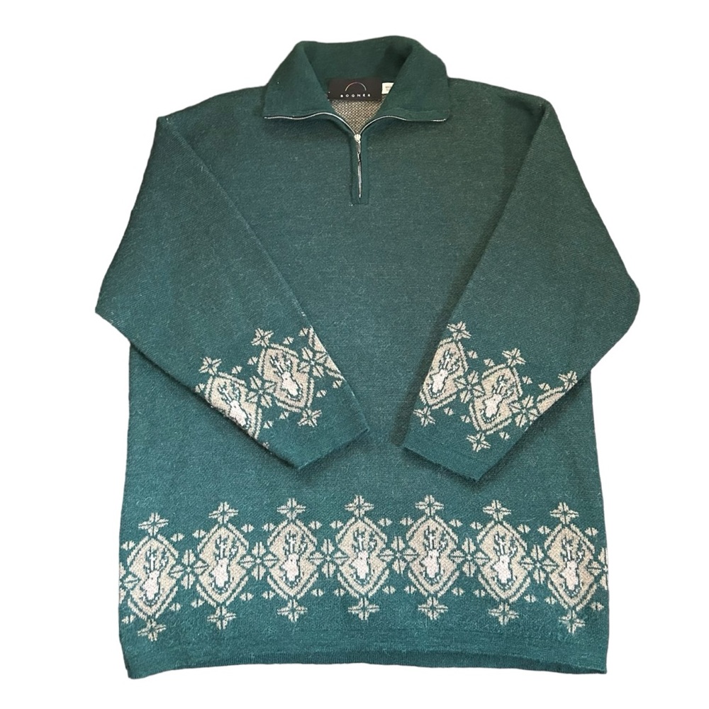 Vintage 90s Bogner 1/4 Zip Sweater Dark Green Stag Motif Wool Alpaca Mohair M